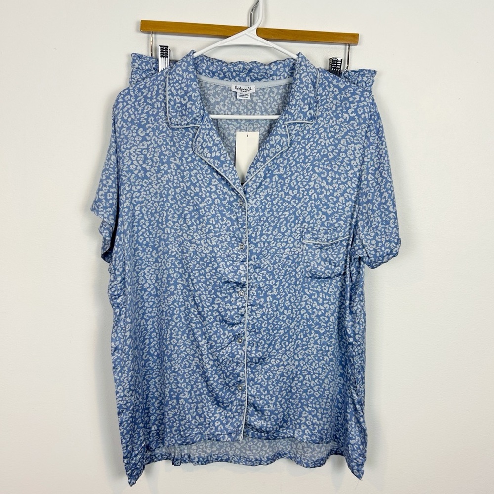 Splendid Women's Notch Collar Shortie Pajama Set Blue Leopard Size Large